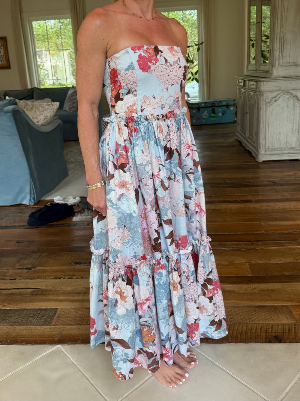 Cara Cara Strapless Floral Maxi Dress in Light Blue and Pink